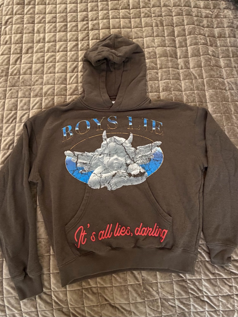 Boys Lie Brown Crewneck Hoodie with Blue and Red Graphic